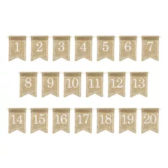 Juta asztalszámok 1-20-ig, fehér nyomattal (20 db)