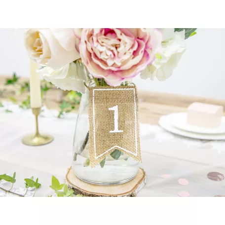 Juta asztalszámok 1-20-ig, fehér nyomattal (20 db)