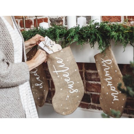 Dekoratív karácsonyi juta zokni "Mommy" felirattal