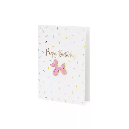 Születésnapi üdvözlőlap „Lufi kutya” kitűzővel