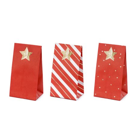 Adventi kalendárium  papírtasakok (üres) – piros és arany, DIY készlet (24 db)