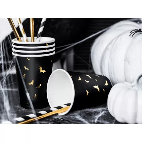 Halloween papírpohár fekete arany denevérekkel (6 db)