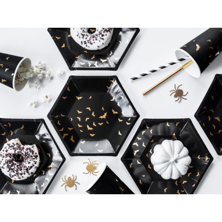 Papírtányér hatszögletű fekete, arany denevérekkel 20 cm (6 db)