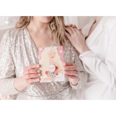   Üdvözlőlap kitűzővel „Bride” (Menyasszony) Lánybúcsúra