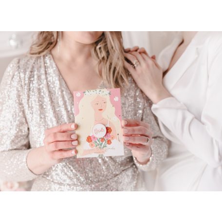 Üdvözlőlap kitűzővel „Bride” (Menyasszony) Lánybúcsúra