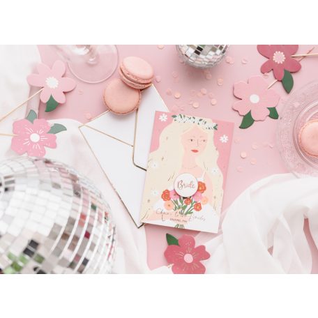 Üdvözlőlap kitűzővel „Bride” (Menyasszony) Lánybúcsúra