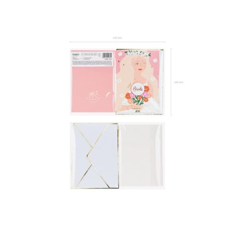 Üdvözlőlap kitűzővel „Bride” (Menyasszony) Lánybúcsúra