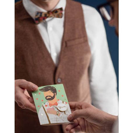 Üdvözlőlap kitűzővel „Groom” (Vőlegény) Legénybúcsúra