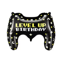   Gamepad formájú fólia lufi – Level Up Birthday felirattal