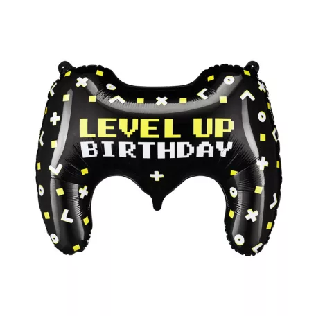Gamepad formájú fólia lufi – Level Up Birthday felirattal