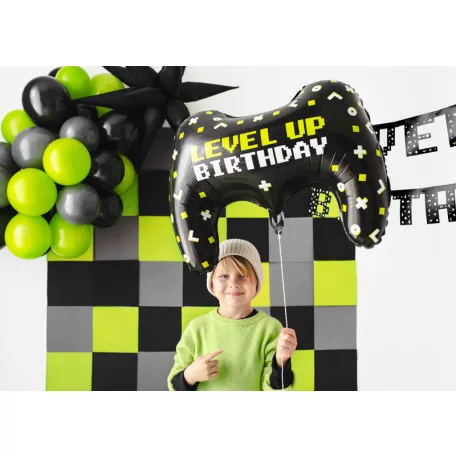 Gamepad formájú fólia lufi – Level Up Birthday felirattal