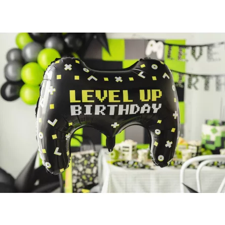 Gamepad formájú fólia lufi – Level Up Birthday felirattal