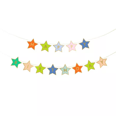 "Happy Birthday" papír banner - színes csillagok