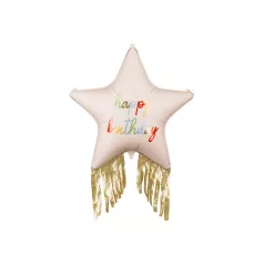   Csillag alakú Happy Birthday fólia lufi, rojtokkal 72x72 cm (1 db)