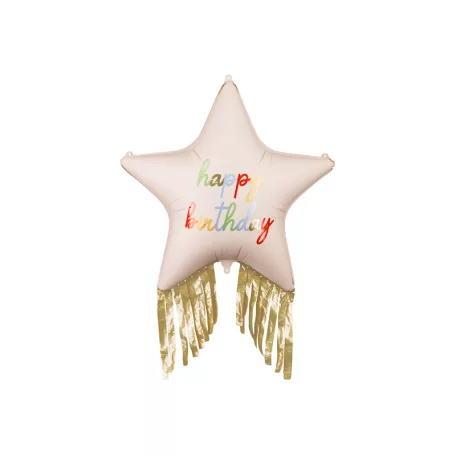 Csillag alakú Happy Birthday fólia lufi, rojtokkal 72x72 cm (1 db)