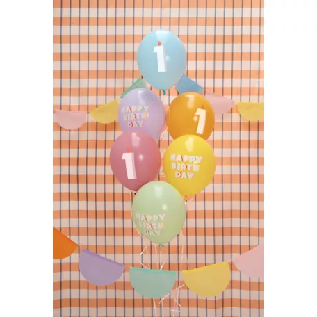 1. születésnapos pasztell lufik Happy Birthday felirattal, 30 cm (6 db)