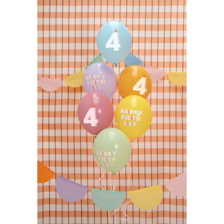 4. születésnapos pasztell lufik Happy Birthday felirattal, 30 cm (6 db)