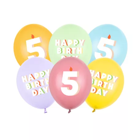 5. születésnapos pasztell lufik Happy Birthday felirattal, 30 cm (6 db)