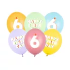6. születésnapos pasztell lufik Happy Birthday felirattal, 30 cm (6 db)