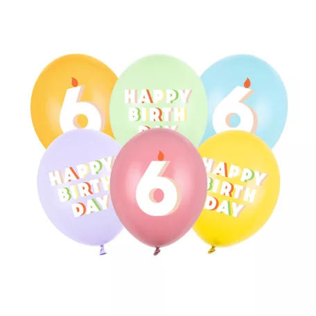 6. születésnapos pasztell lufik Happy Birthday felirattal, 30 cm (6 db)