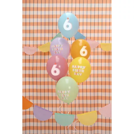 6. születésnapos pasztell lufik Happy Birthday felirattal, 30 cm (6 db)