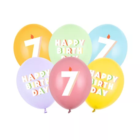 7. születésnapos pasztell lufik Happy Birthday felirattal, 30 cm (6 db)