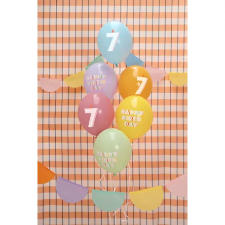 7. születésnapos pasztell lufik Happy Birthday felirattal, 30 cm (6 db)