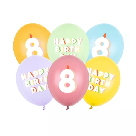 8. születésnapos pasztell lufik Happy Birthday felirattal, 30 cm (6 db)