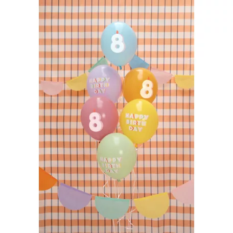 8. születésnapos pasztell lufik Happy Birthday felirattal, 30 cm (6 db)