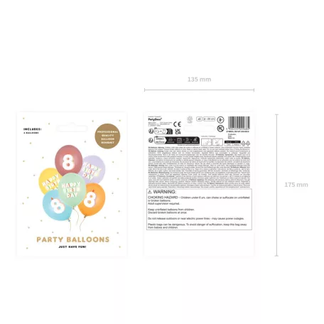 8. születésnapos pasztell lufik Happy Birthday felirattal, 30 cm (6 db)