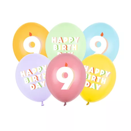 9. születésnapos pasztell lufik Happy Birthday felirattal, 30 cm (6 db)