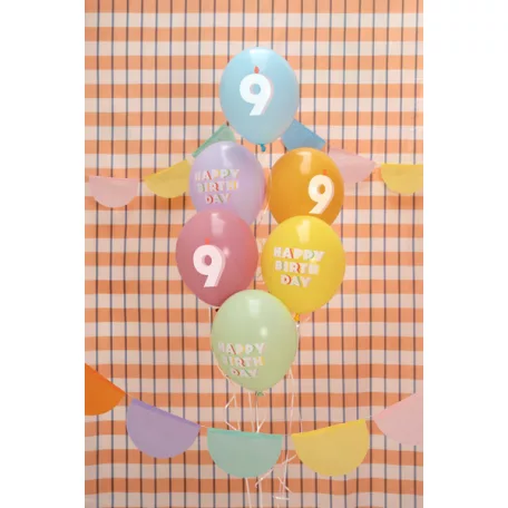 9. születésnapos pasztell lufik Happy Birthday felirattal, 30 cm (6 db)