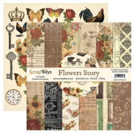 Papírkészlet 12" (30 cm), ScrapBoys Paper pad / Flowers Story -  (12 lap)