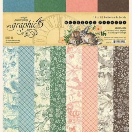 Papírkészlet 12", Graphic 45 Woodland Friends / Patterns & Solids -  (16 lap)