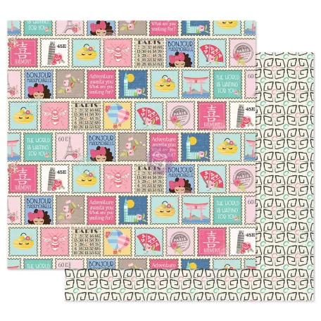 Prima Marketing Traveling Girl Scrapbook papír 12" (30 cm) Write me soon (1 lap)