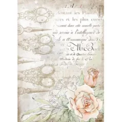   Rizspapír A4, Stamperia Rice Paper / Romantic Threads scissors and roses -  (1 lap)