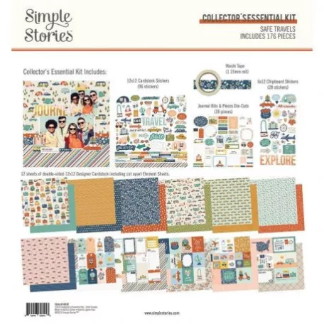 Papírkészlet 12", Simple Stories Safe Travels / Collector's Essential Kit -  (1 csomag)