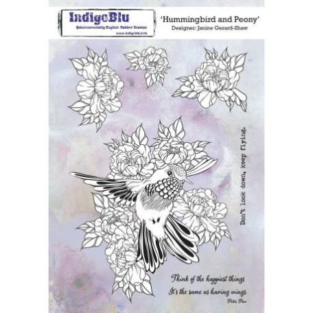 Gumibélyegző A5, IndigoBlu Rubber Stamps / Hummingbird and Peony -  (1 csomag)