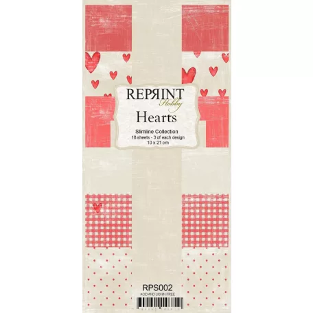 Papírkészlet 10x21 cm, Hearts / Reprint Paper Pack (18 ív)
