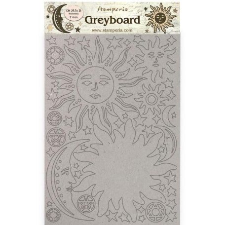 Greyboard papír díszítőelem A4, Alchemy sun and moon  / Stamperia Greyboard (1 ív)