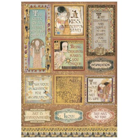 Rizspapír A4, Klimt quotes and labels / Stamperia Rice Paper (1 ív)