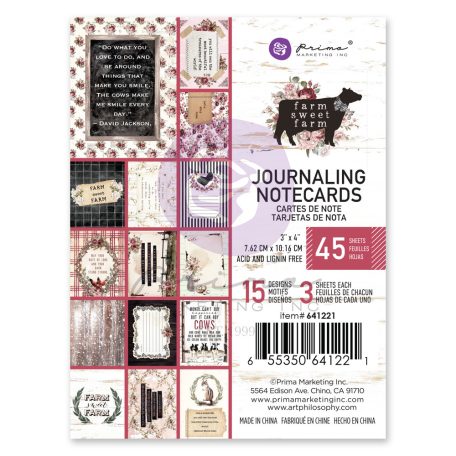 Komment kártya  3x4Inch, Farm Sweet Farm / Prima Marketing Journaling Cards (45 lap)