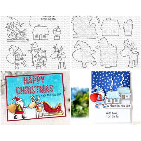 Vágósablon, bélyegzővel , Here Comes Santa / MFT Clear Stamps + Die-namics Set (1 csomag)
