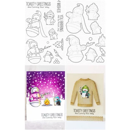 Vágósablon, bélyegzővel , Toasty Greetings / MFT Clear Stamps + Die-namics Set (1 csomag)