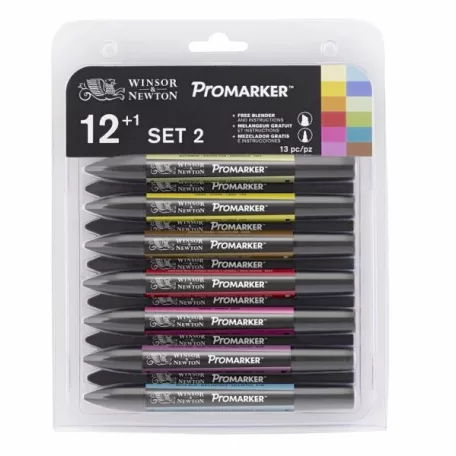 Winsor & Newton Promarker kétvégű alkoholos filc készlet 12 szín + 1 blender - SET 2 (1 csomag)